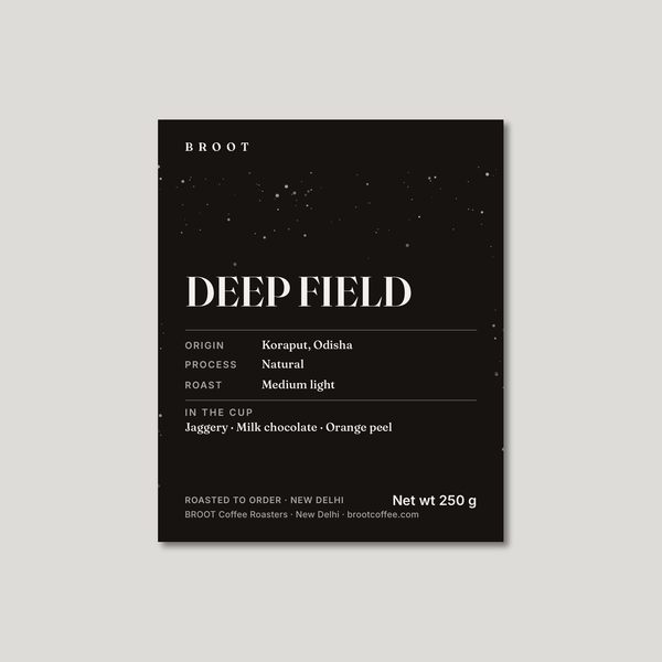 DEEP FIELD 250 g label on black with a field of stars: Koraput, Odisha, natural, medium light