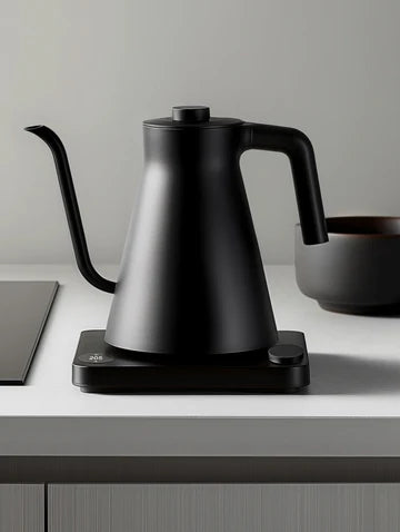 Flow Kettle from BROOT shown alongside pour-over gear on a home brew bar
