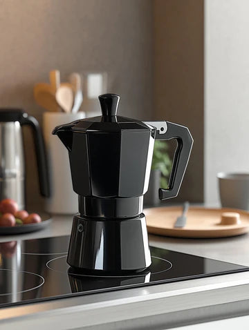 Classic Moka Pot pouring stovetop coffee into a cup, brew gear from BROOT