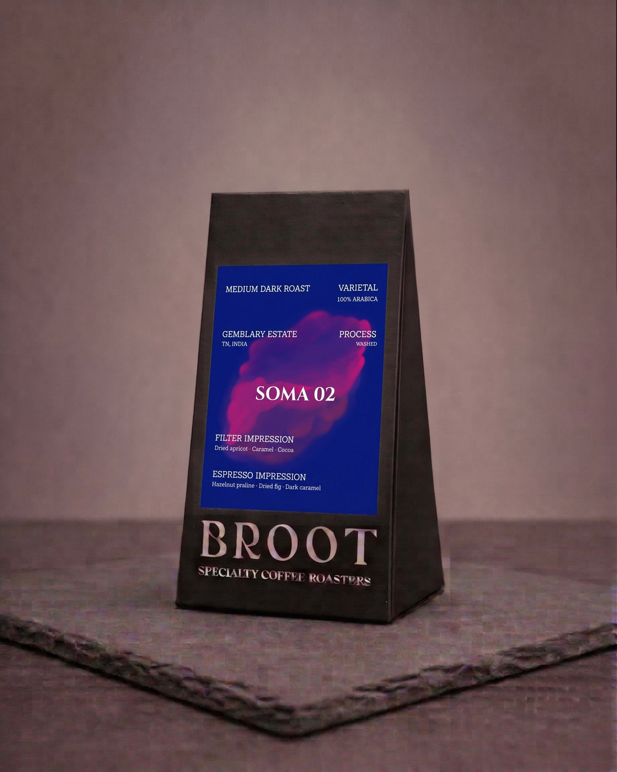 SOMA 02 beans, medium-dark washed Arabica with dried apricot, caramel and cocoa notes