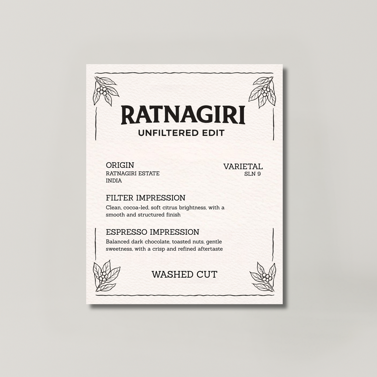 RATNAGIRI WASHED CUT coffee bag from BROOT, a washed SLN 9 from Ratnagiri Estate