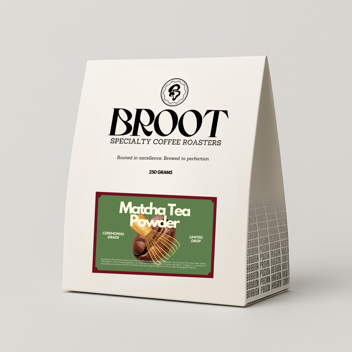 BROOT Ceremonial Matcha pack, first flush stone-ground Japanese matcha in premium grade J-1