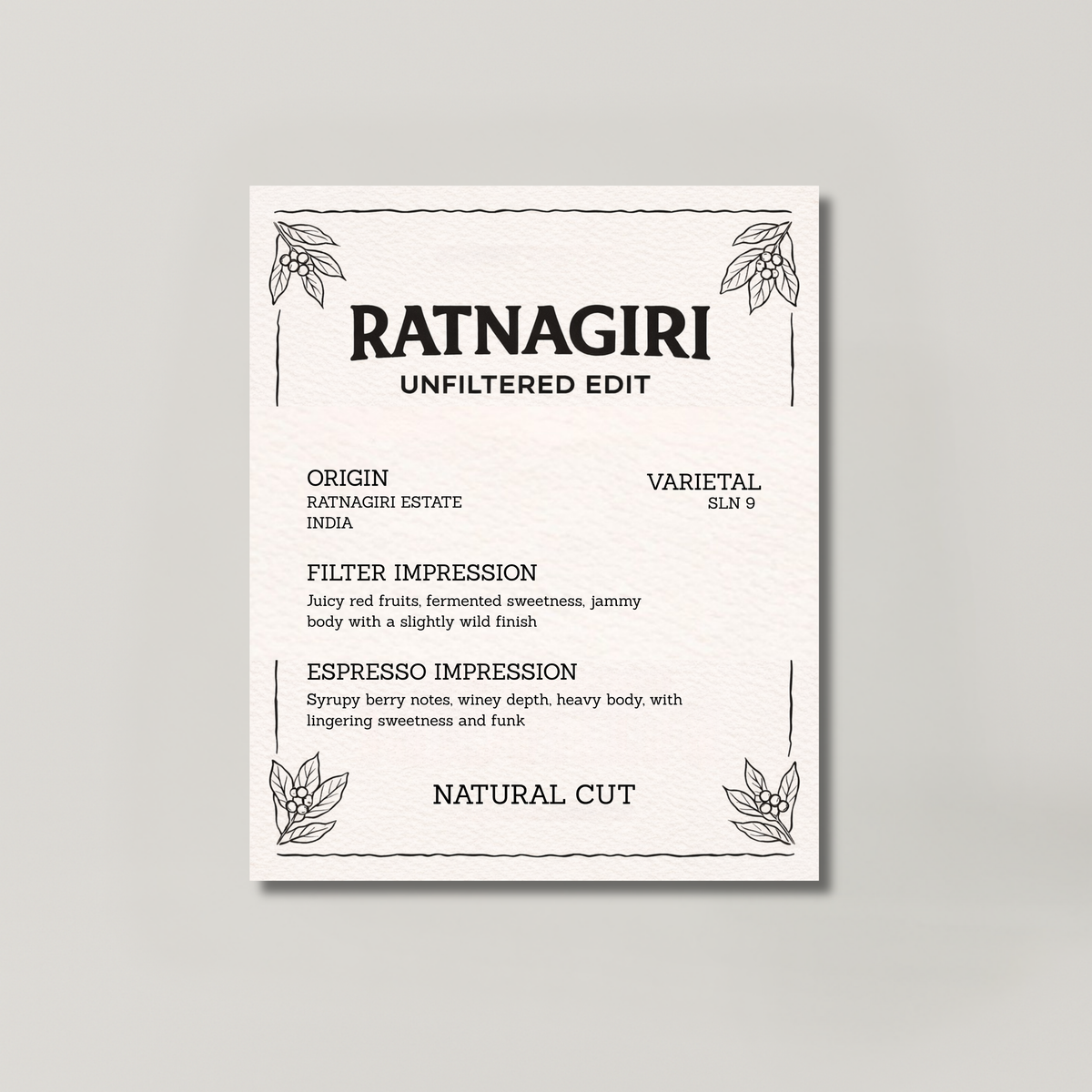 RATNAGIRI NATURAL CUT coffee bag from BROOT, a natural SLN 9 from Ratnagiri Estate