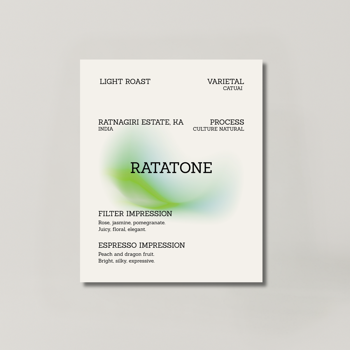 RATATONE coffee bag from BROOT, a 54-hour culture natural Catuai from Ratnagiri Estate