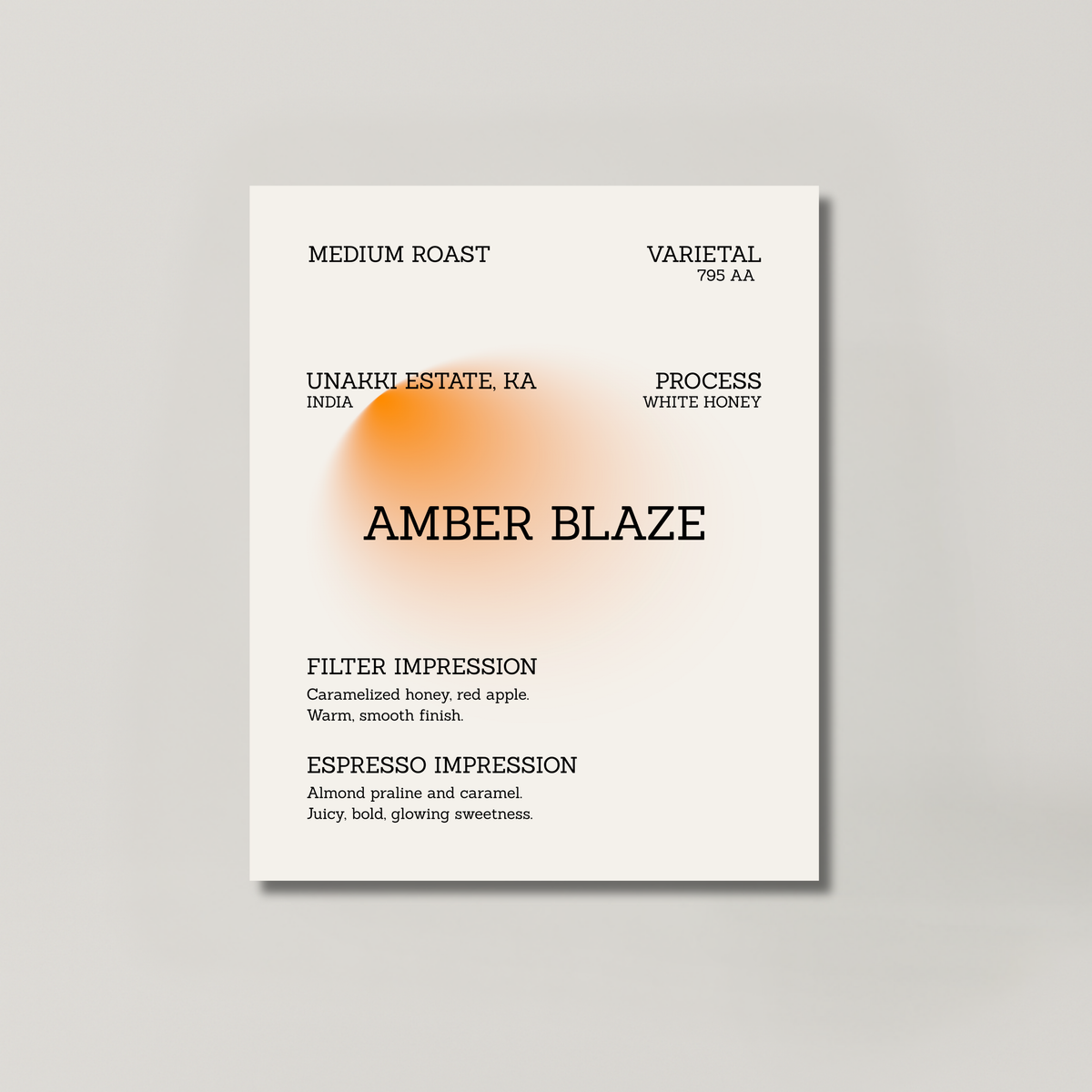 AMBER BLAZE coffee bag from BROOT, a honey and washed blend of three Chikmagalur estates