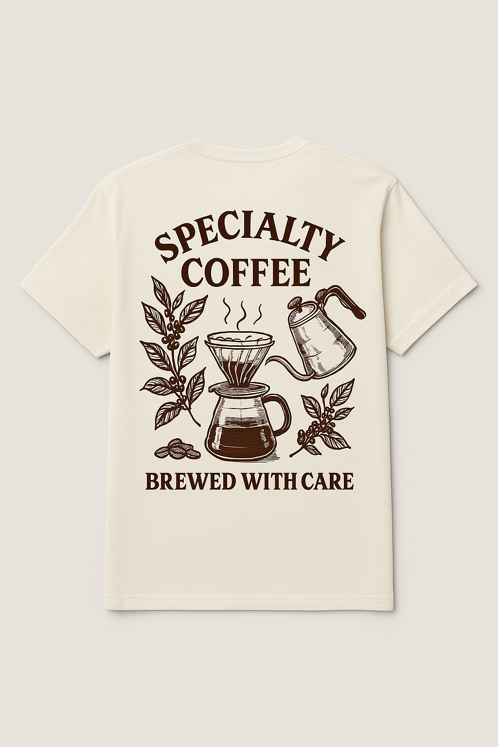 BROOT T-shirt back print, specialty coffee illustration with the Brewed with Care slogan
