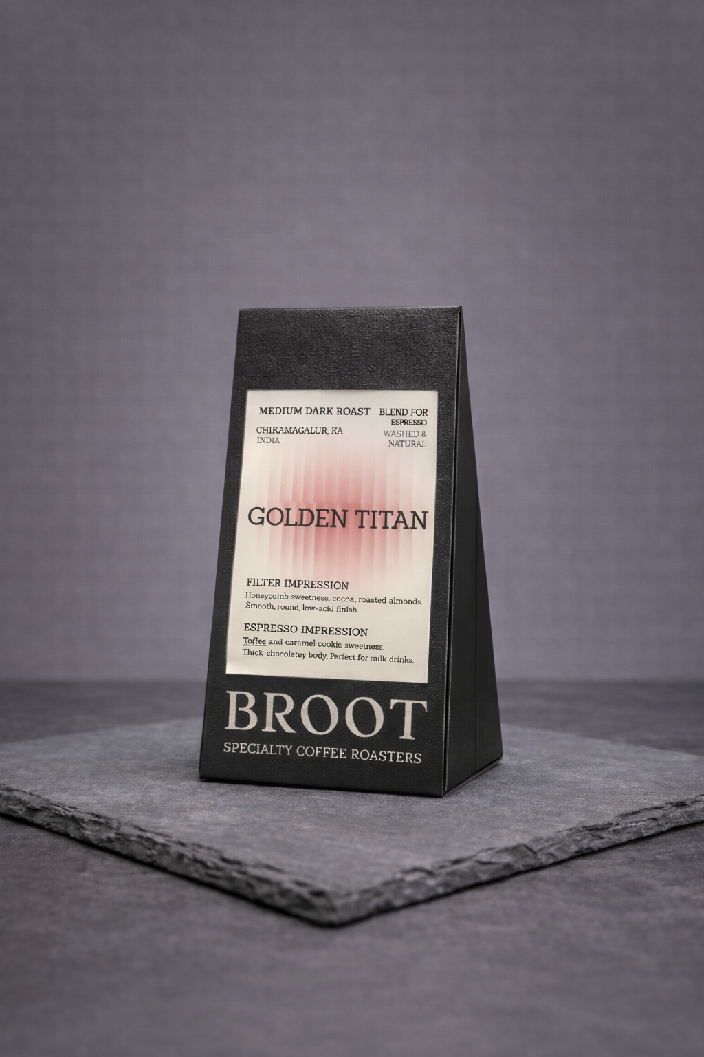 GOLDEN TITAN espresso shot with crema, honeycomb and roasted almond blend from BROOT