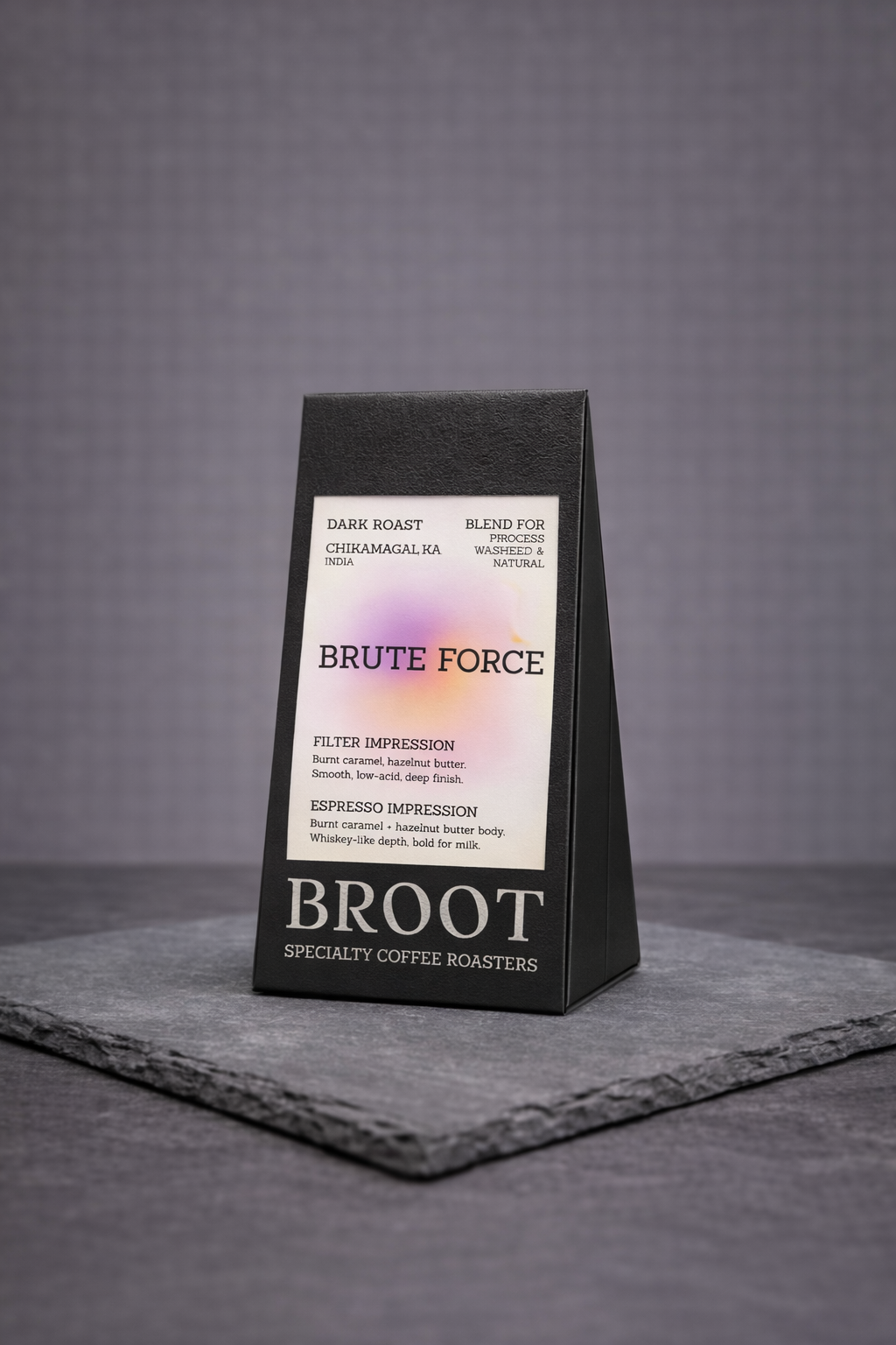 BRUTE FORCE beans ground for espresso, burnt caramel and hazelnut butter blend from BROOT