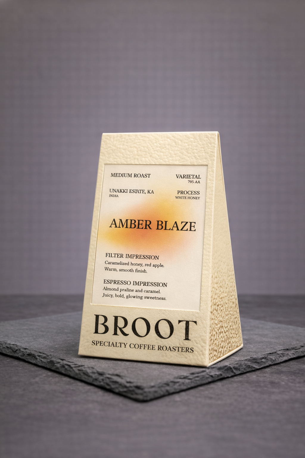 AMBER BLAZE beans from Unnaki, Kaimara and Melkodige lots, caramelised honey and almond praline
