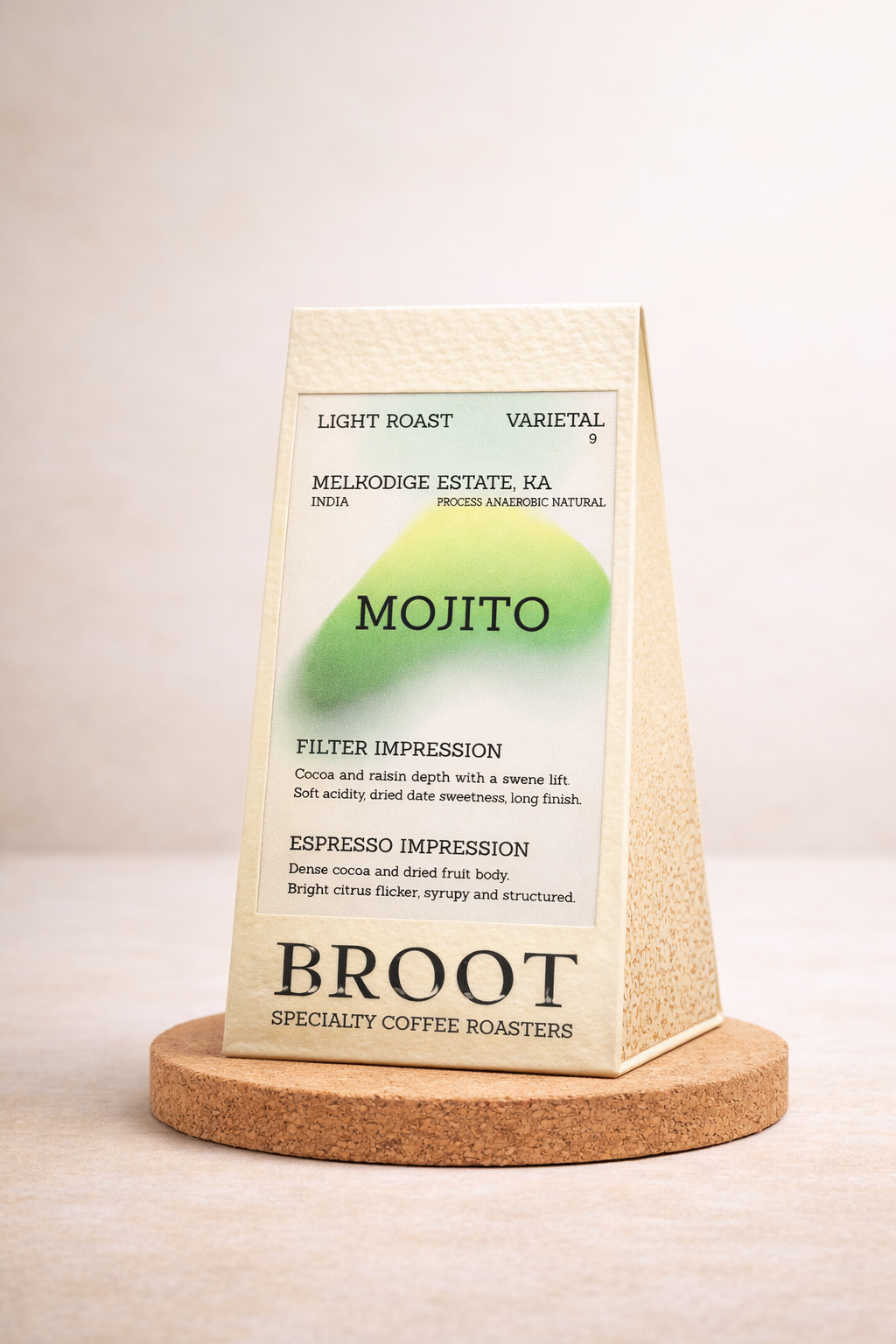 MOJITO beans, medium-light Chikmagalur anaerobic natural with cocoa, raisin and sweet lime notes