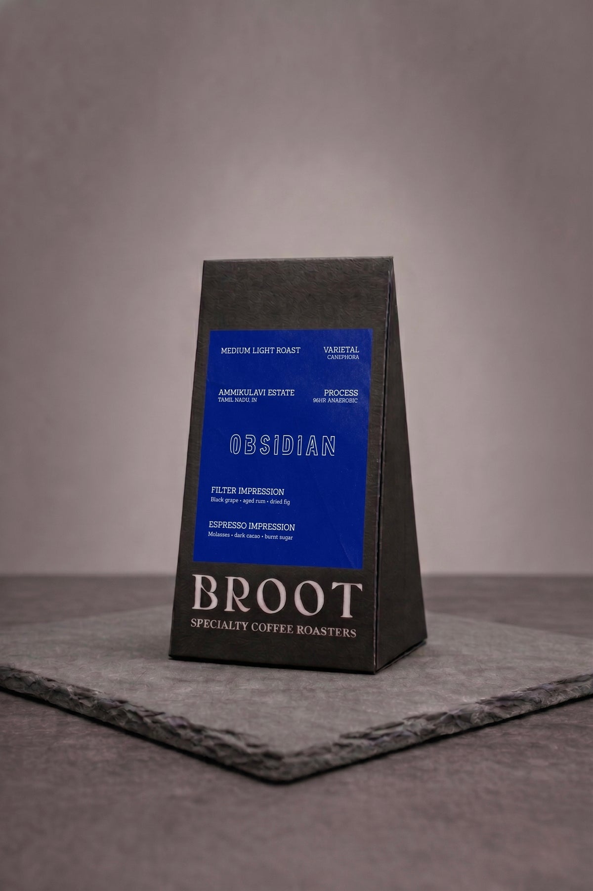 OBSIDIAN beans, medium-light fine robusta with black grape, aged rum and dried fig notes