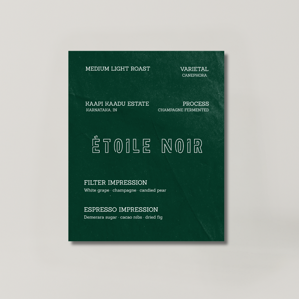ETOILE NOIR coffee bag from BROOT, a champagne fermented Canephora from Kaapi Kaadu Estate