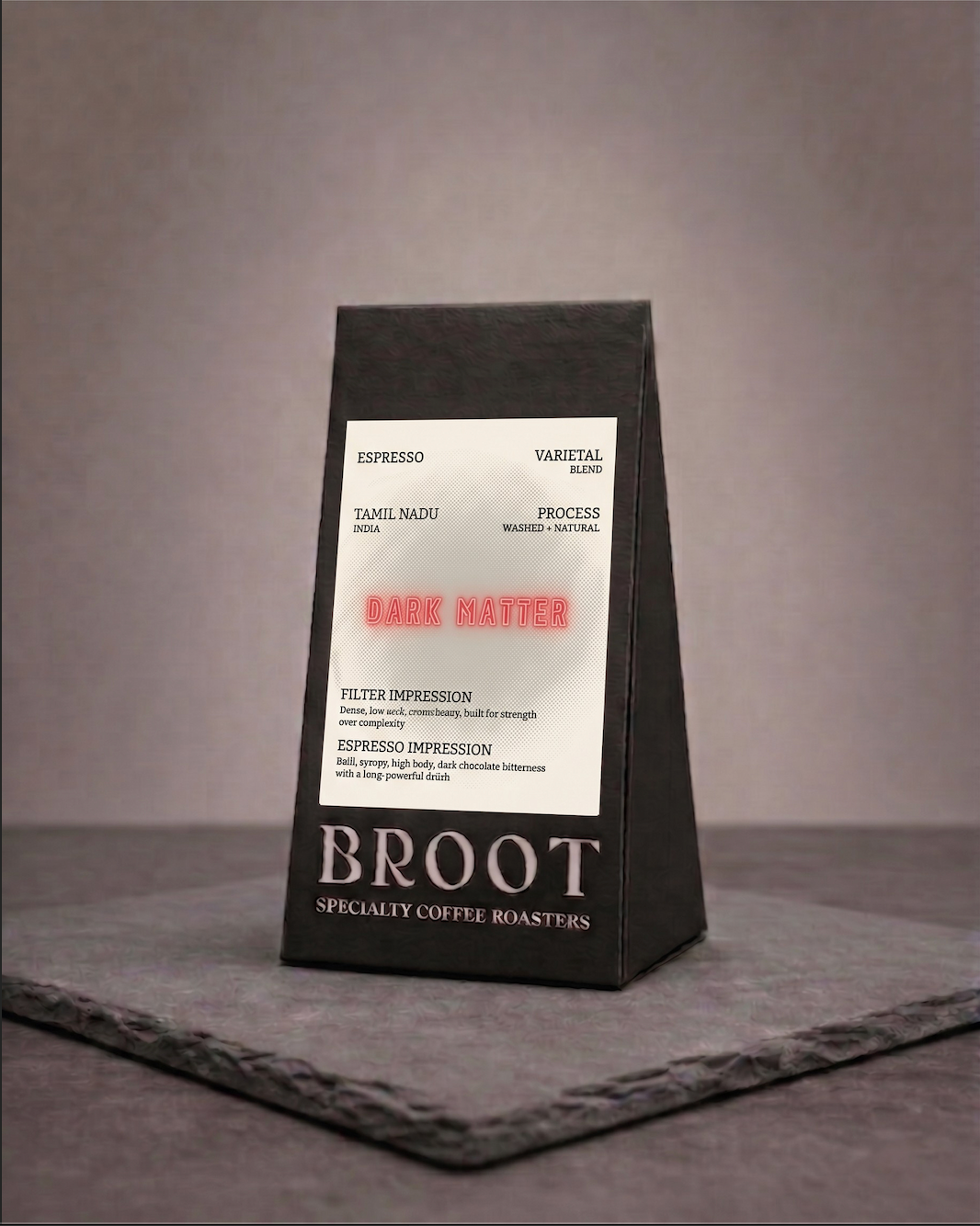 DARK MATTER espresso, thick dark chocolate body from BROOT's deepest roast, strong through milk