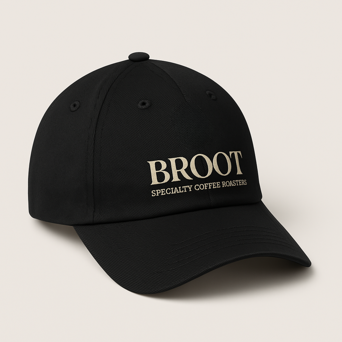 BROOT Brewer's Cap, low-profile structured black cap with embroidered logo and adjustable strap