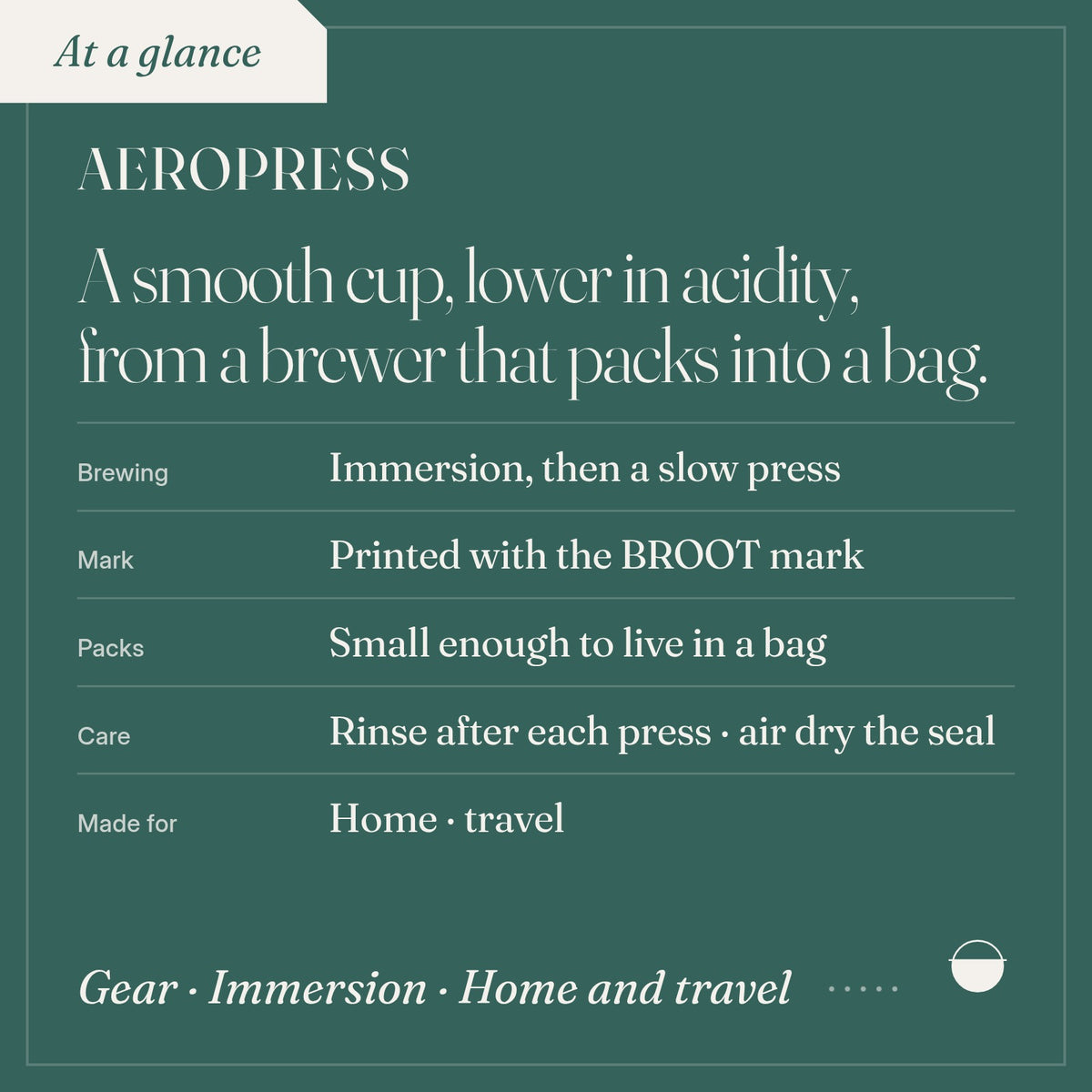 Aeropress: brewing Immersion, then a slow press; mark Printed with the BROOT mark; packs Small enough to live in a bag; care Rinse after each press.