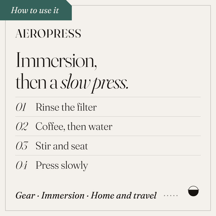 Aeropress, how to use it: rinse the filter; coffee, then water; stir and seat; press slowly.