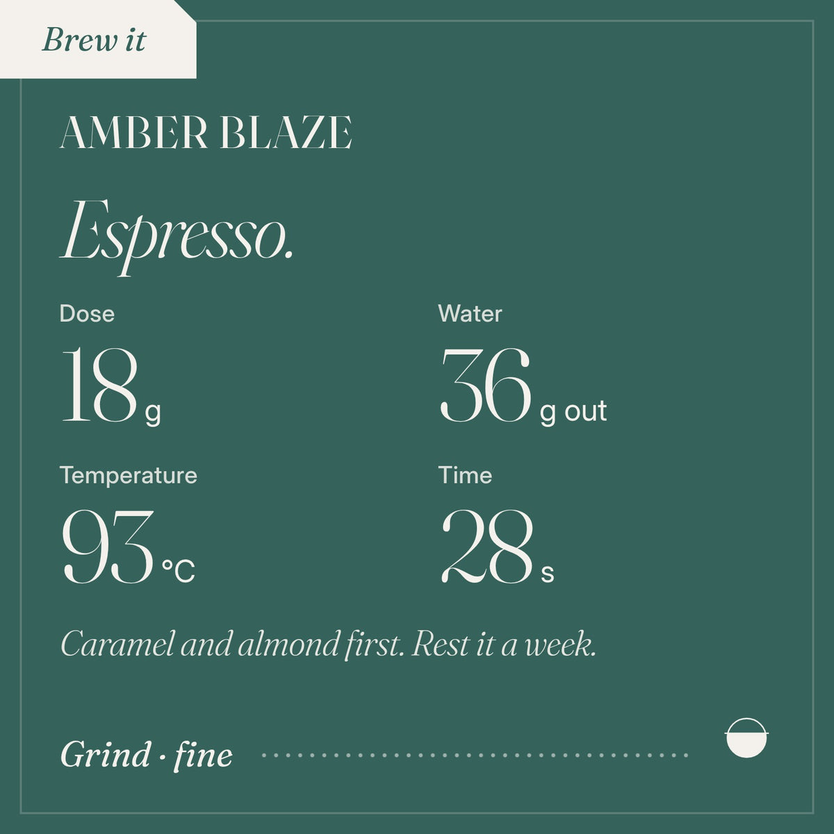 How to brew Amber Blaze as espresso: 18 g, 36 g out, 93 °C, 28 s.