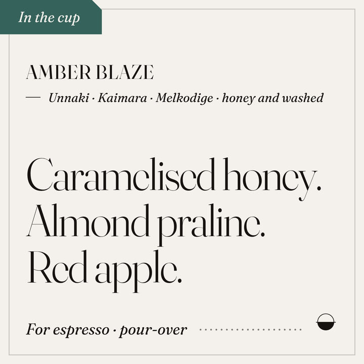 Amber Blaze in the cup: caramelised honey, almond praline, red apple. Unnaki · Kaimara · Melkodige · honey and washed.