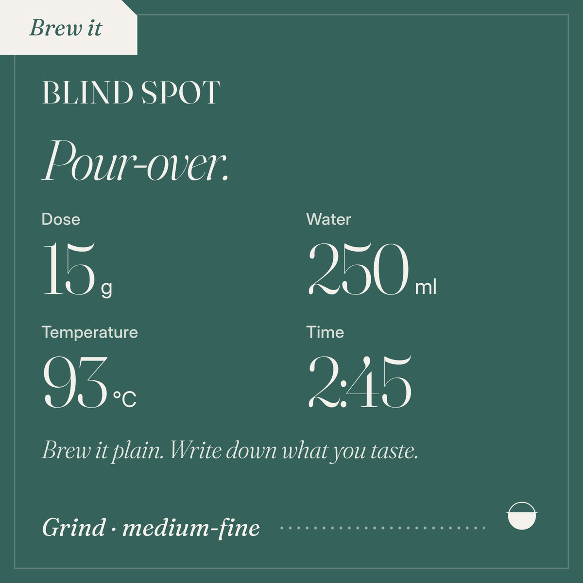 How to brew Blind Spot as pour-over: 15 g, 250 ml, 93 °C, 2:45.