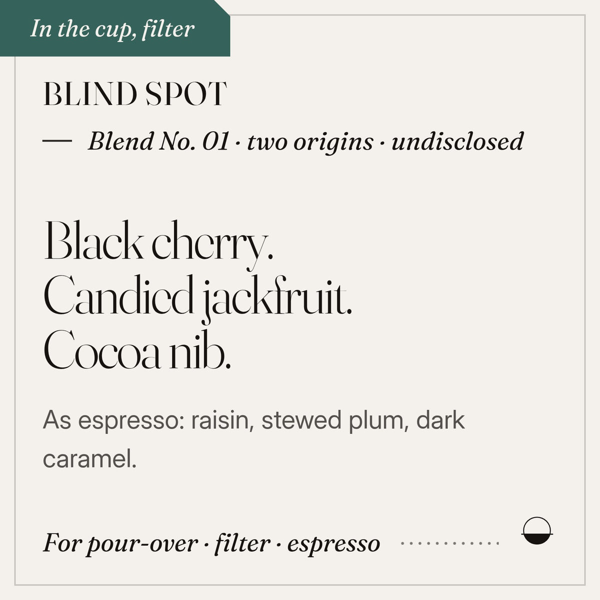 Blind Spot in the cup: black cherry, candied jackfruit, cocoa nib. Blend No. 01 · two origins · undisclosed.
