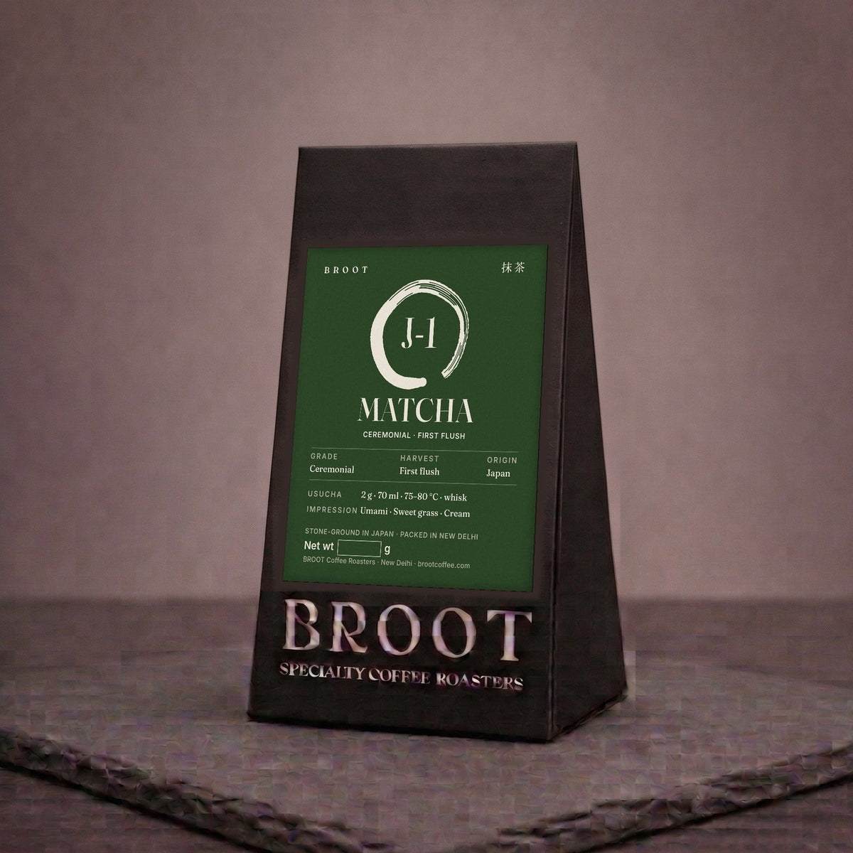 BROOT MATCHA J-1 pack: ceremonial first-flush matcha from Japan, with a white brush-stroke circle