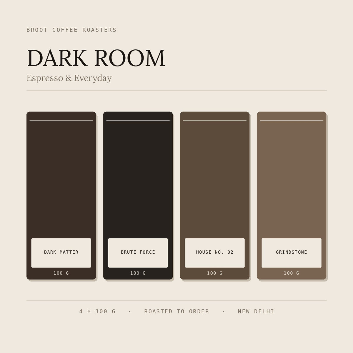 DARK ROOM sampler from BROOT — four 100g bags: Dark Matter, Brute Force, House No. 02 and Grindstone