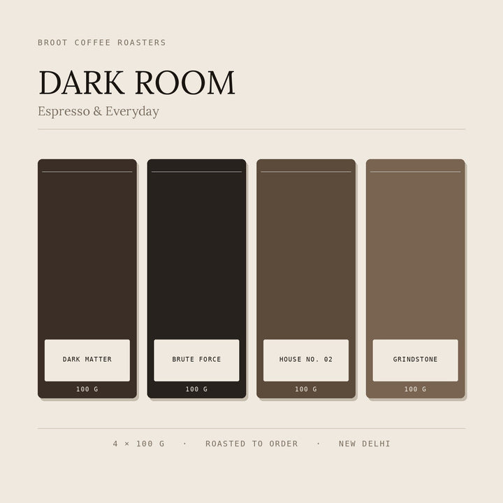 DARK ROOM sampler from BROOT — four 100g bags: Dark Matter, Brute Force, House No. 02 and Grindstone