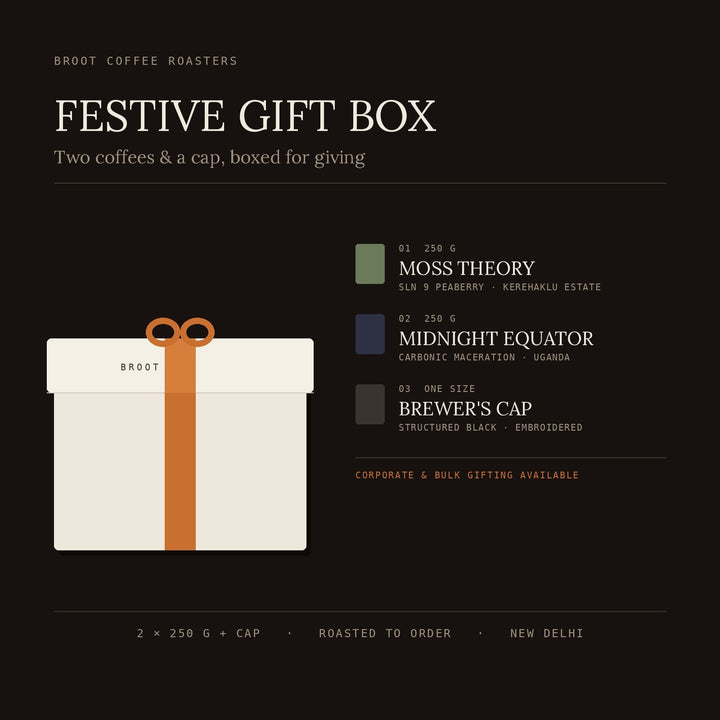 BROOT Festive Gift Box — Moss Theory 250g, Midnight Equator 250g and a Brewer's Cap, boxed for gifting