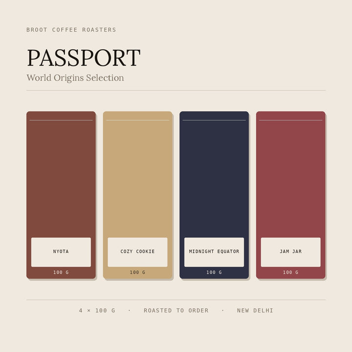 PASSPORT sampler from BROOT — four 100g bags: Nyota, Cozy Cookie, Midnight Equator and Jam Jar