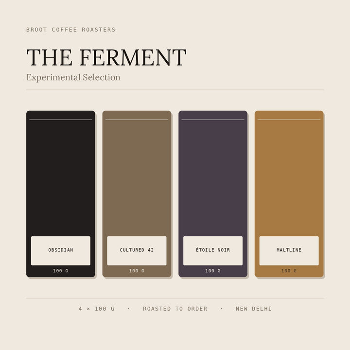 THE FERMENT sampler from BROOT — four 100g bags: Obsidian, Cultured 42, Étoile Noir and Maltline