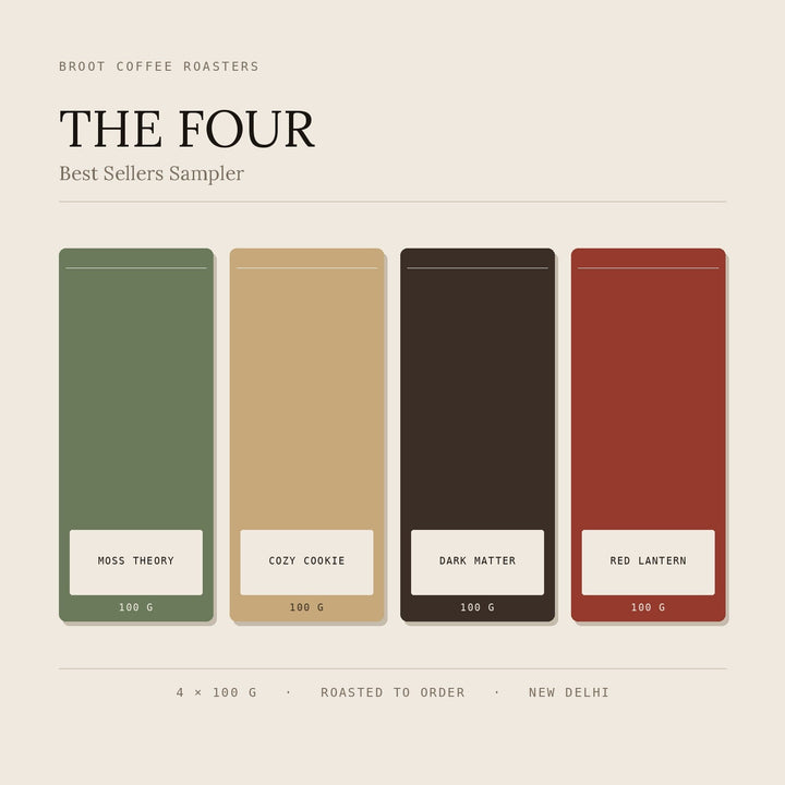 THE FOUR sampler from BROOT — four 100g bags: Moss Theory, Cozy Cookie, Dark Matter and Red Lantern
