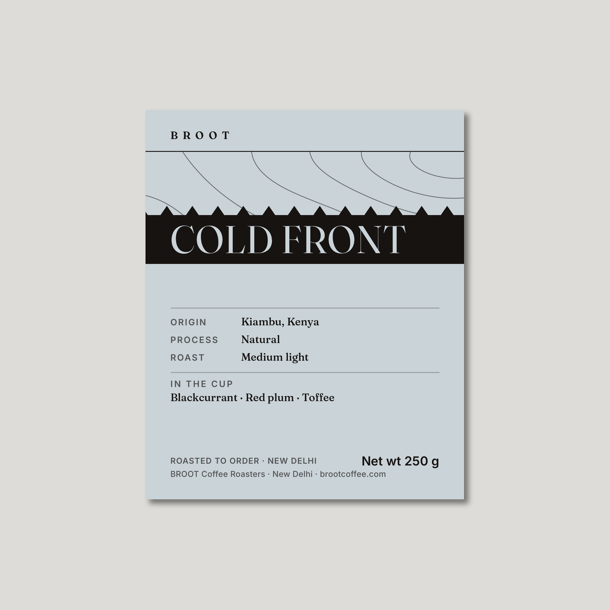 COLD FRONT 250 g label in pale blue-grey with contour lines: Kiambu, Kenya, natural, medium light