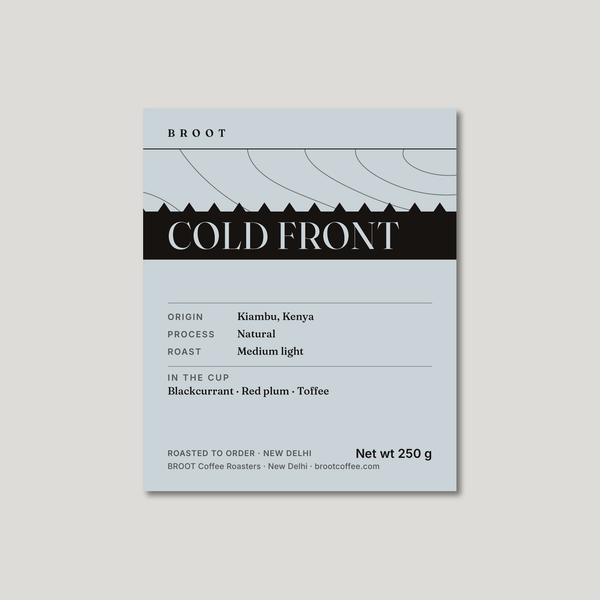 COLD FRONT 250 g label in pale blue-grey with contour lines: Kiambu, Kenya, natural, medium light
