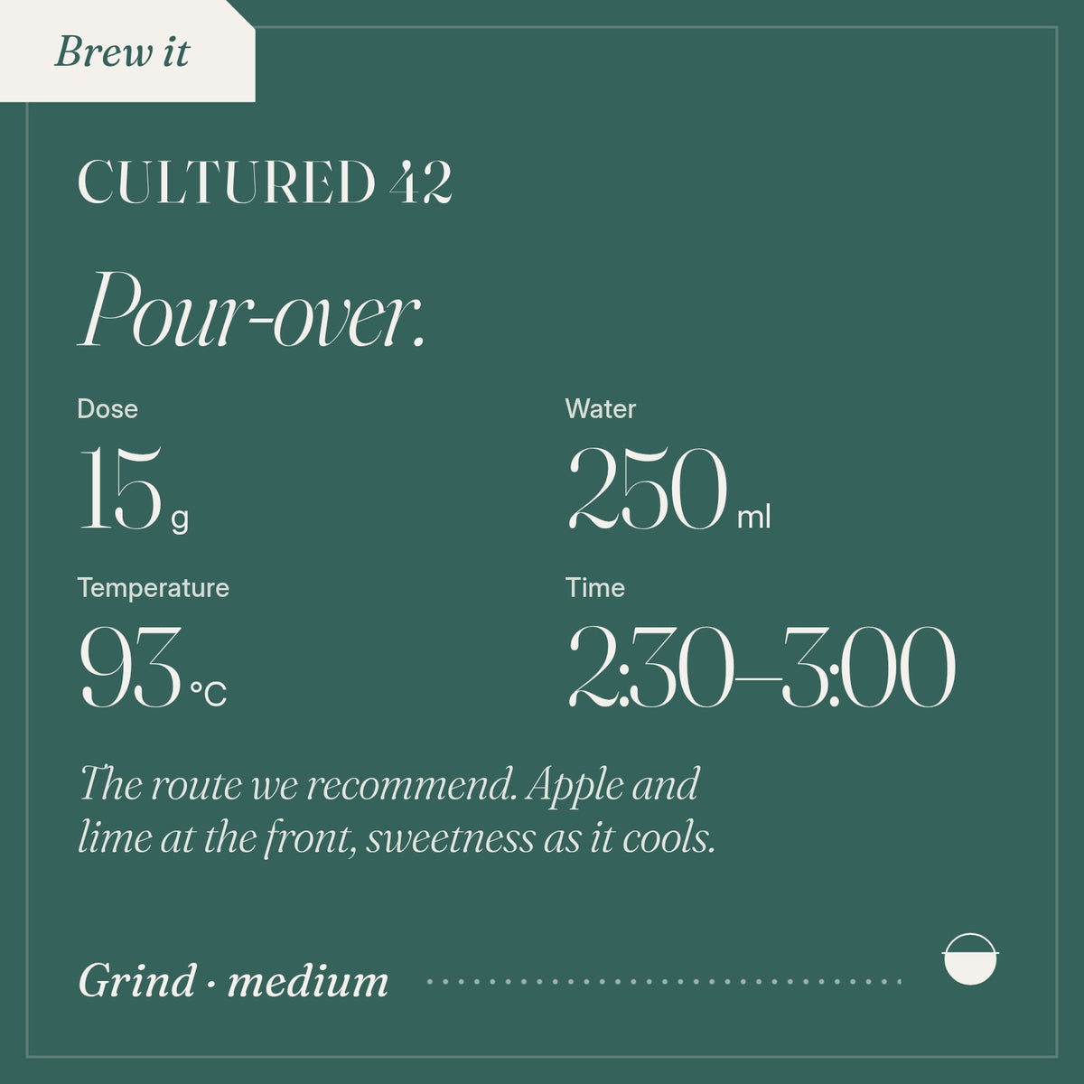 How to brew Cultured 42 as pour-over: 15 g, 250 ml, 93 °C, 2:30–3:00.
