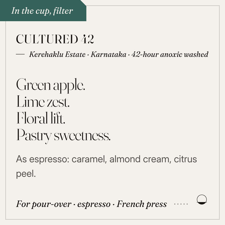 Cultured 42 in the cup: green apple, lime zest, floral lift, pastry sweetness. Kerehaklu Estate · Karnataka · 42-hour anoxic washed.