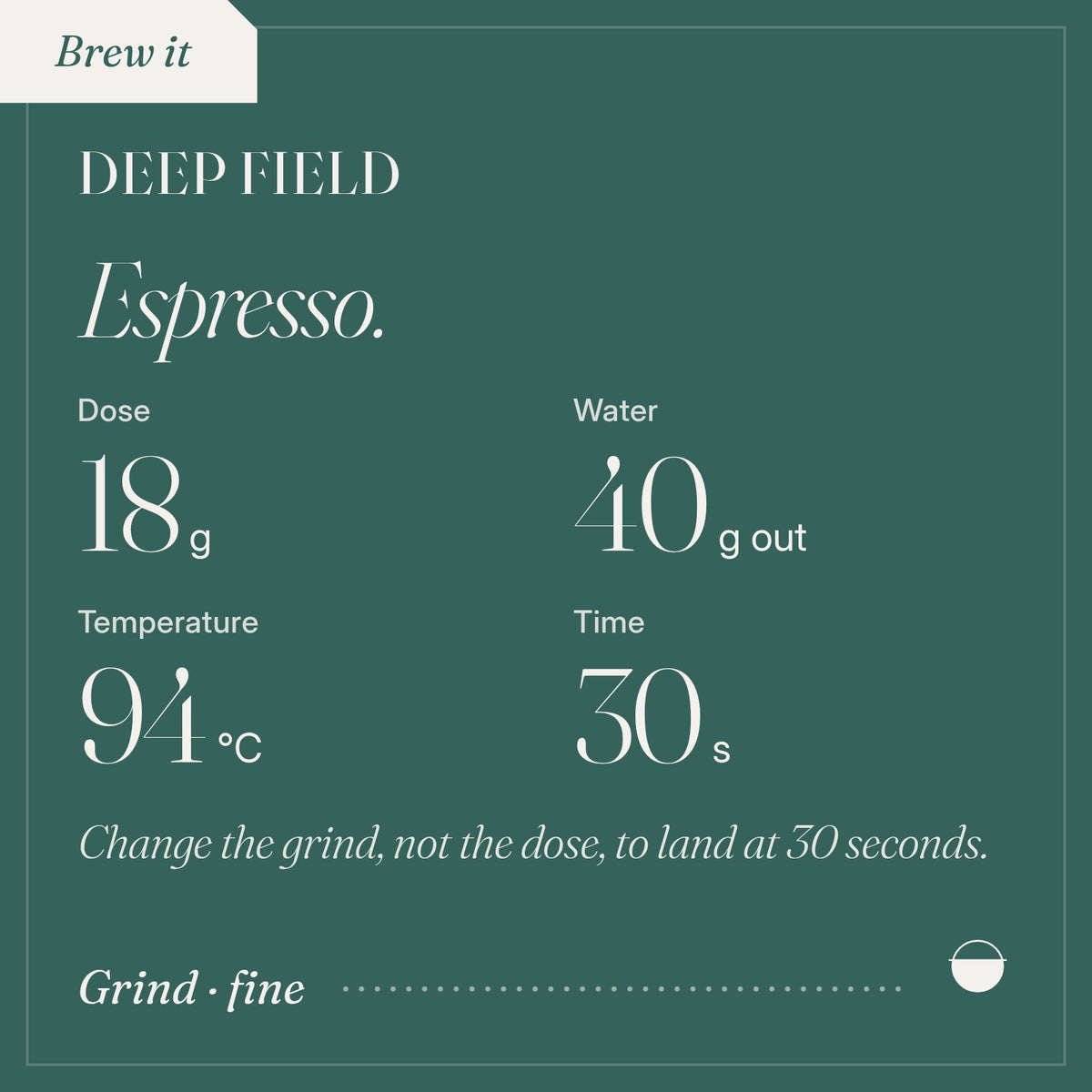 How to brew Deep Field as espresso: 18 g, 40 g out, 94 °C, 30 s.