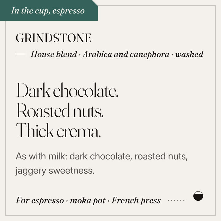 Grindstone in the cup: dark chocolate, roasted nuts, thick crema. House blend · Arabica and canephora · washed.