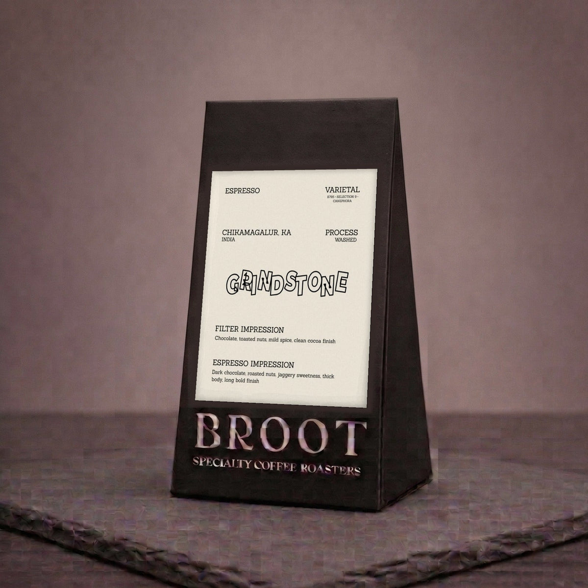 GRINDSTONE coffee bag, medium dark Arabica and robusta blend, BROOT Coffee Roasters