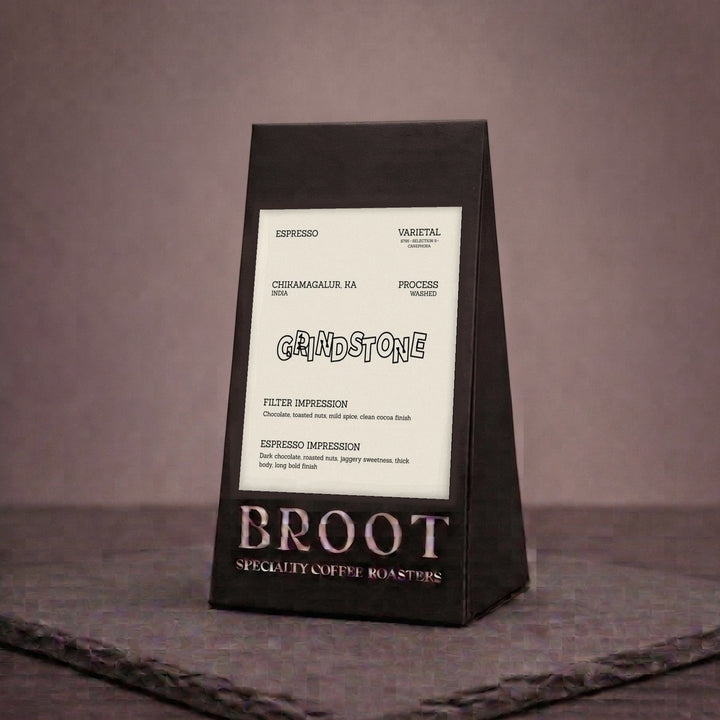 GRINDSTONE coffee bag, medium dark Arabica and robusta blend, BROOT Coffee Roasters