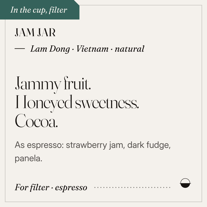 Jam Jar in the cup: jammy fruit, honeyed sweetness, cocoa. Lam Dong · Vietnam · natural.