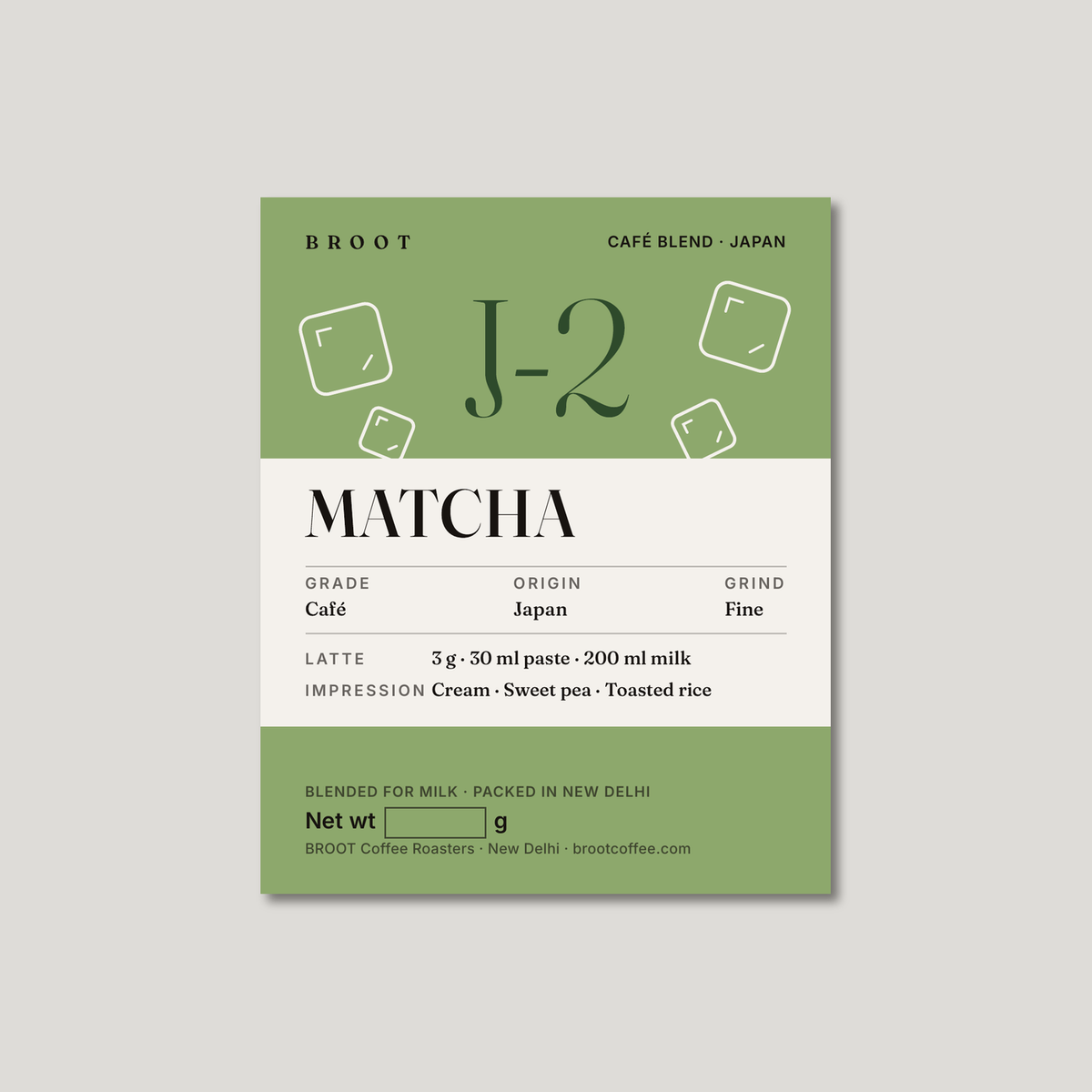 BROOT MATCHA J-2 label: café blend matcha from Japan, with ice cubes, for lattes