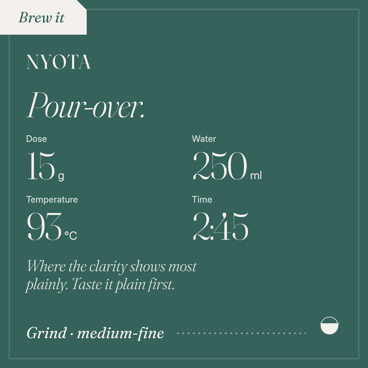 How to brew Nyota as pour-over: 15 g, 250 ml, 93 °C, 2:45.