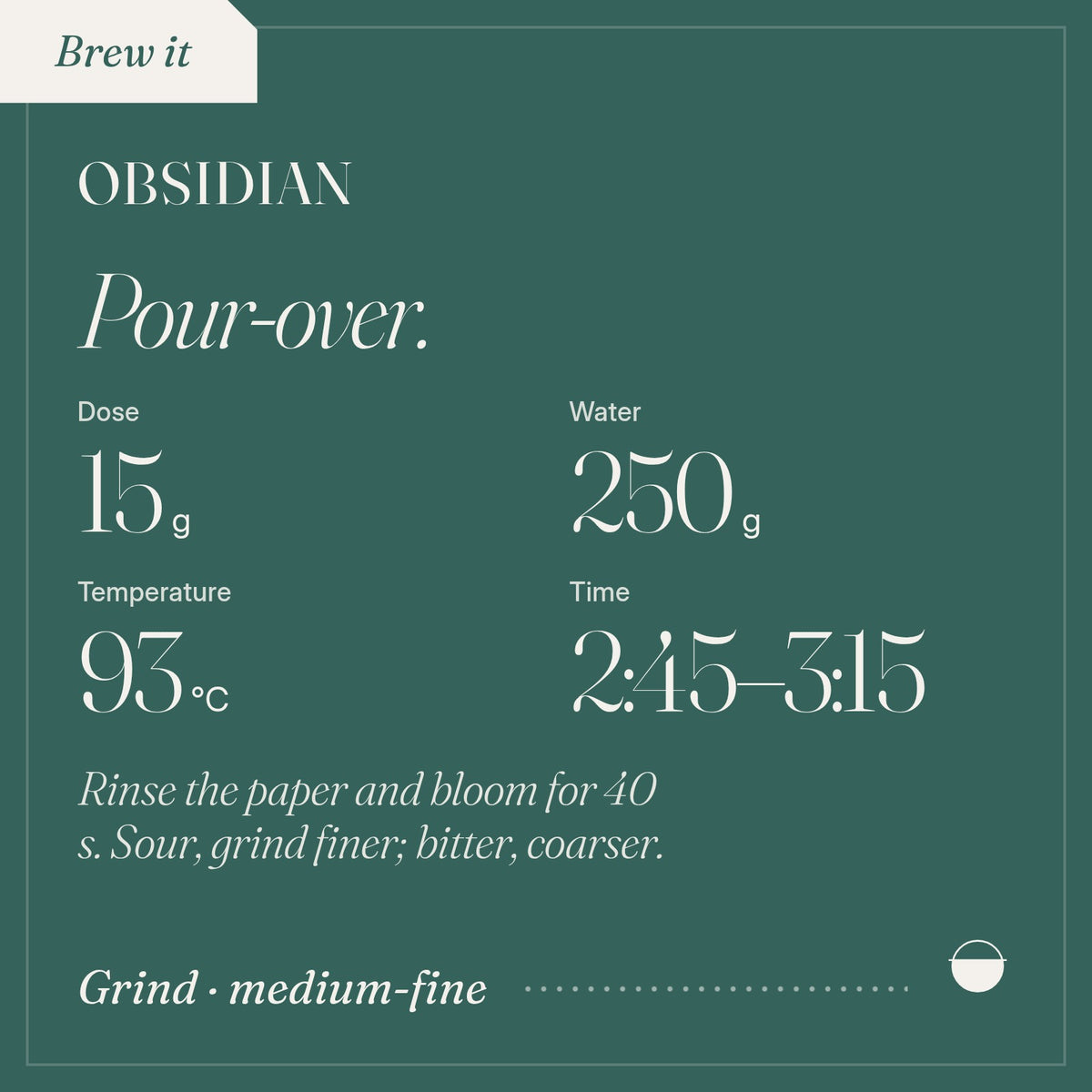 How to brew Obsidian as pour-over: 15 g, 250 g, 93 °C, 2:45–3:15.