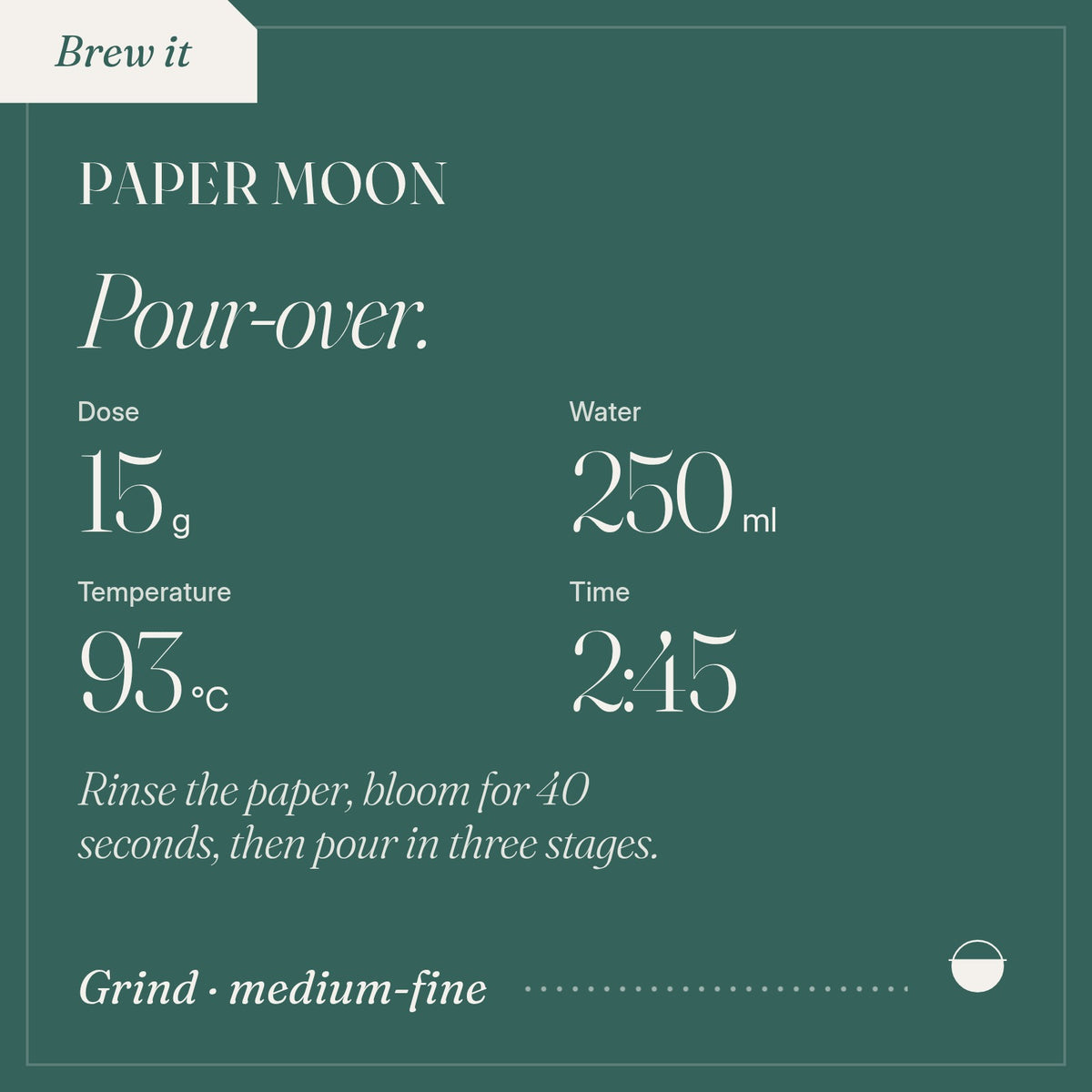 How to brew Paper Moon as pour-over: 15 g, 250 ml, 93 °C, 2:45.