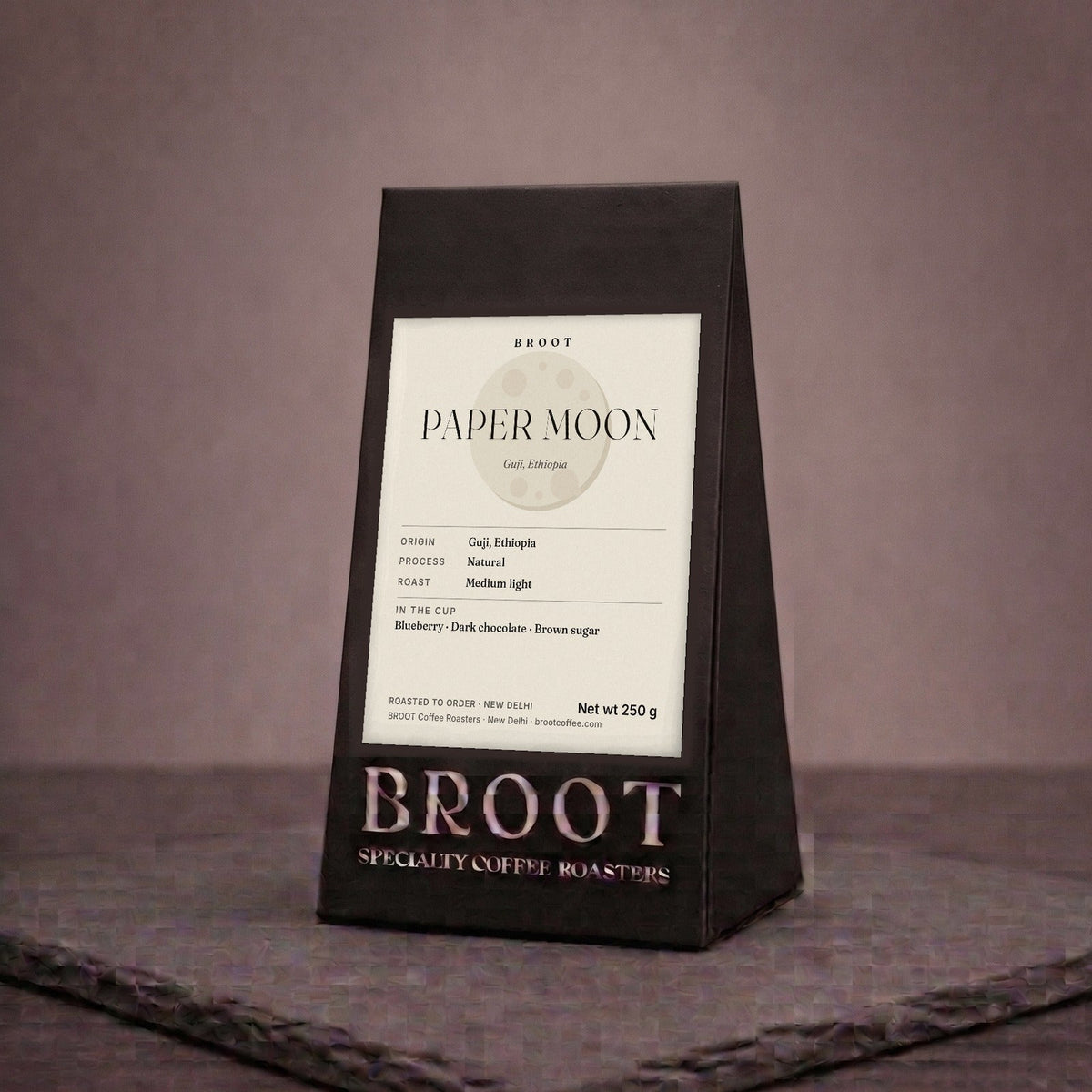 PAPER MOON 250 g pack: Guji, Ethiopia, natural, medium light. BROOT Coffee Roasters, New Delhi
