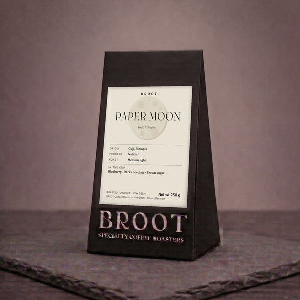 PAPER MOON 250 g pack: Guji, Ethiopia, natural, medium light. BROOT Coffee Roasters, New Delhi