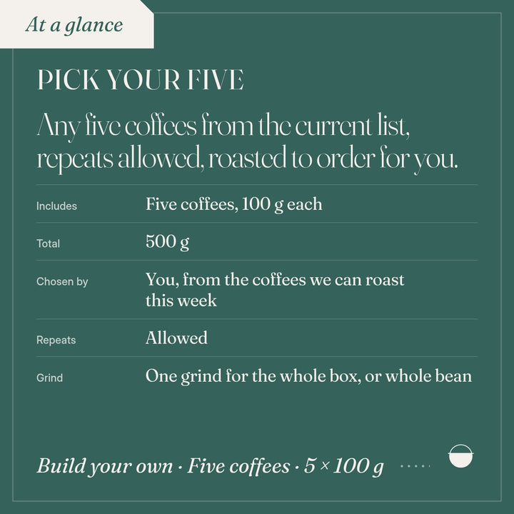 Pick Your Five: includes Five coffees, 100 g each; total 500 g; chosen by You, from the coffees we can roast this week; repeats Allowed.