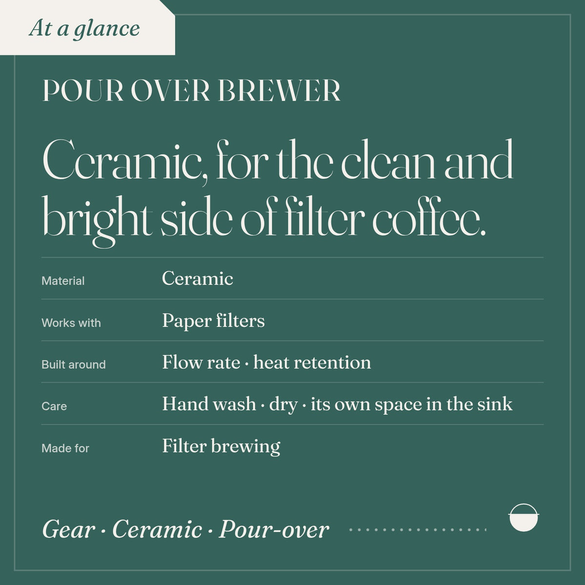 Pour Over Brewer: material Ceramic; works with Paper filters; built around Flow rate · heat retention; care Hand wash · dry.