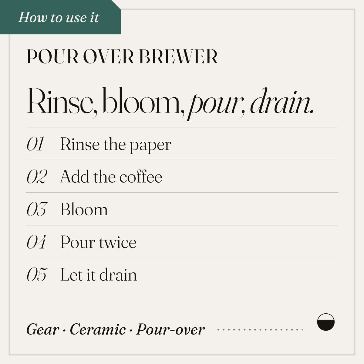 Pour Over Brewer, how to use it: rinse the paper; add the coffee; bloom; pour twice; let it drain.