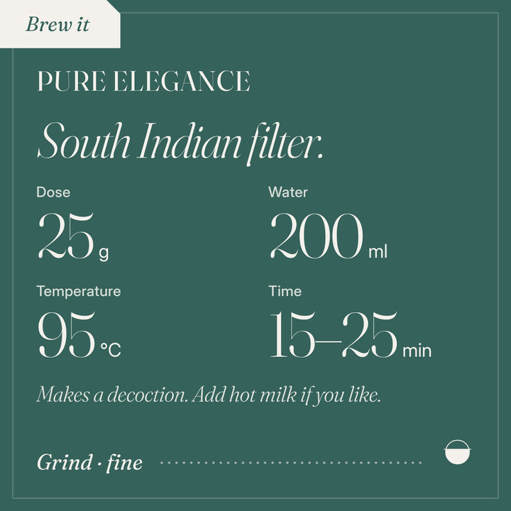 How to brew Pure Elegance as south indian filter: 25 g, 200 ml, 95 °C, 15–25 min.